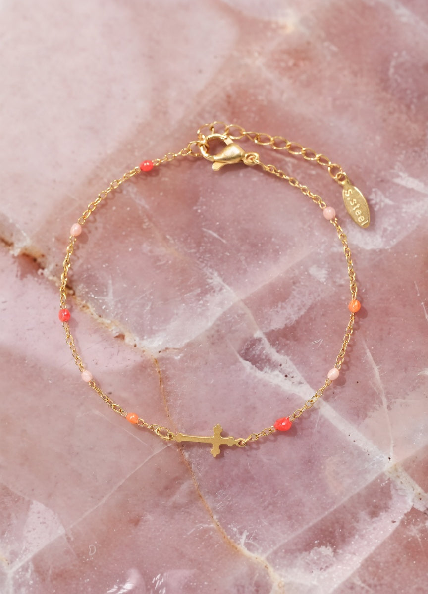 Bracelet croix perles colorées Kimi Bijoux - Acier inoxydable doré ✨