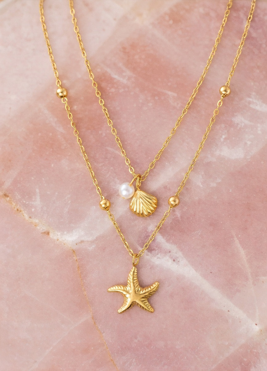Collier double étoile; coquillage Kimi Bijoux - Acier inoxydable doré ✨