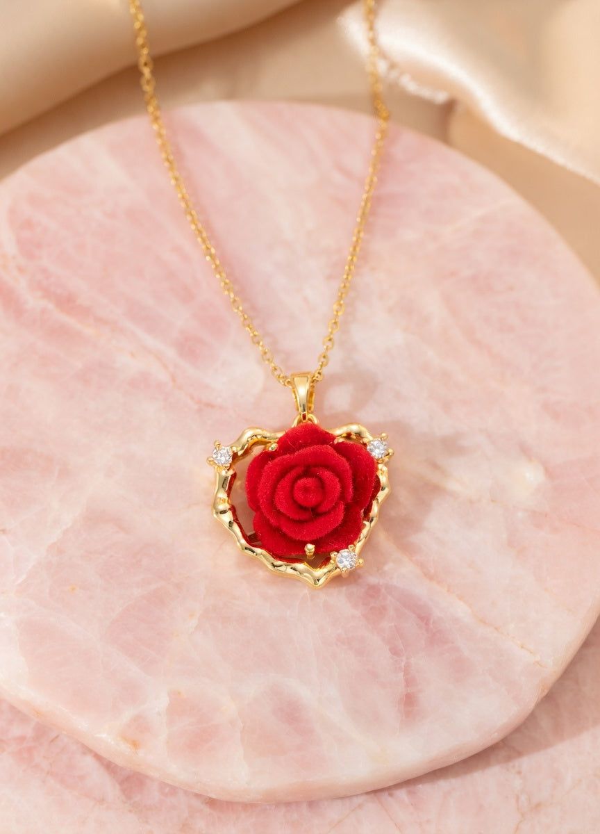 Collier rose rouge cœur Kimi Bijoux - Acier inoxydable doré ✨
