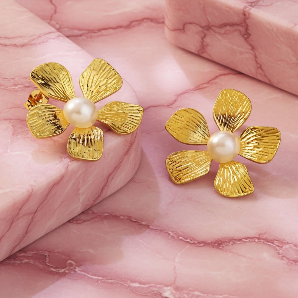 Boucles d’oreilles fleurs perles dorées Kimi Bijoux - Acier inoxydable ✨