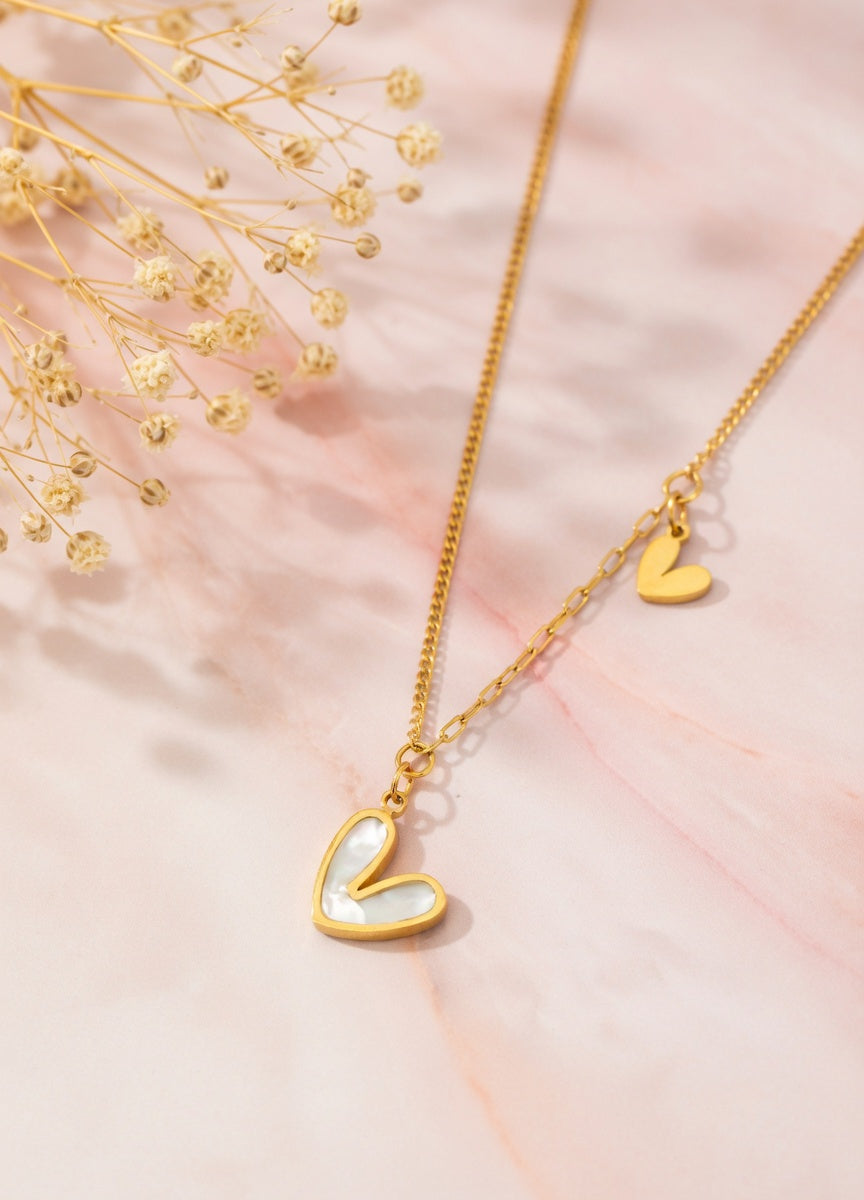 Collier cœur nacré & petit cœur Kimi Bijoux - Acier inoxydable doré ✨