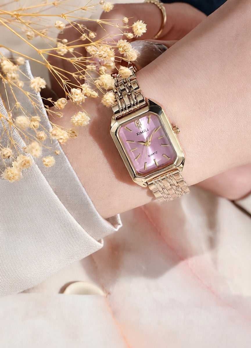 Montre dorée rectangulaire cadran rose nacré Kimi - Acier inoxydable ✨